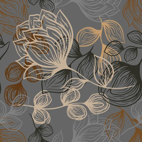 Цветущие Цветы Тюльпан Листья Бабочки Цветочный Вектор Бесшовный Узор Сером — стоковый вектор