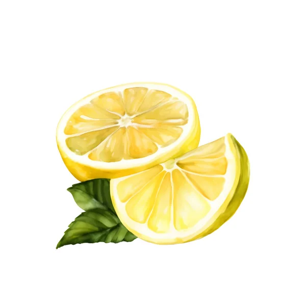 緑のミントの葉を持つデジタル水彩画レモンは白い背景に残します ベクターイラスト — ストックベクタ