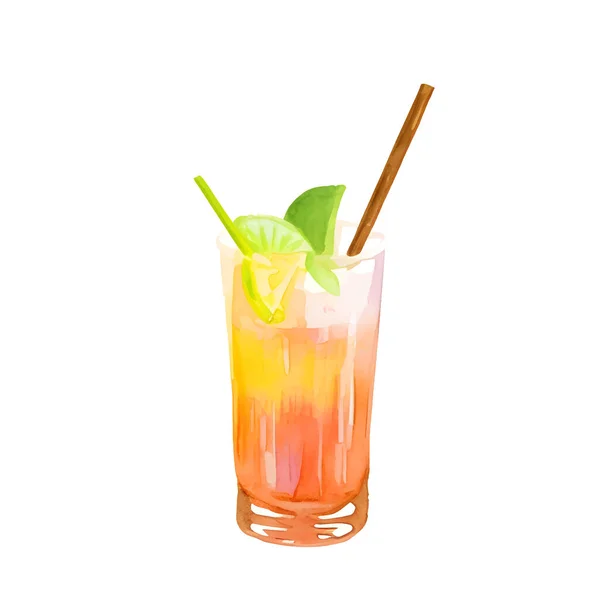 Ilustração Vetorial Aquarela Cocktail Alcoólico Limonada Com Gelo Hortelã Limão —  Vetores de Stock