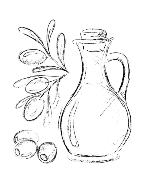 Пляшка Оливкової Олії Оливковою Гілкою Малюнок Олівцем Векторні Ілюстрації Векторні — стоковий вектор