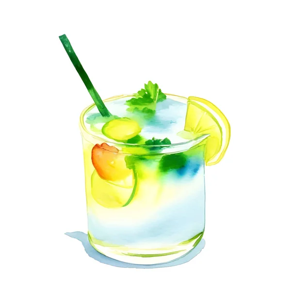 Watercolor Glass Summer Beverage Cocktail Lemon Juice Leaves Lemon Vector — Stock Vector