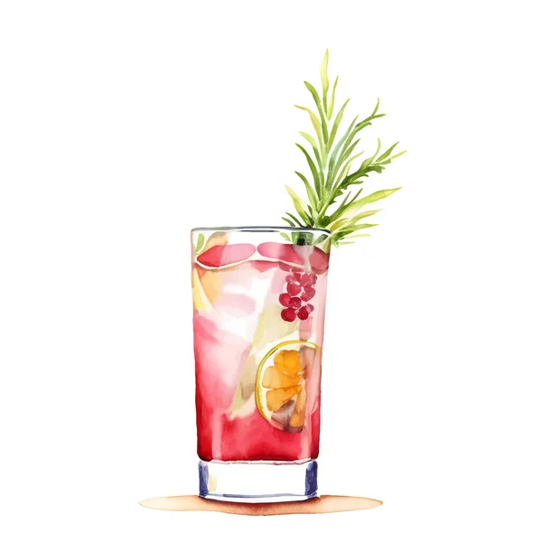 Watercolor Red Cocktail Summer Refreshing Alcoholic Drink Grapefruit Ice Rosemary — Stock Vector