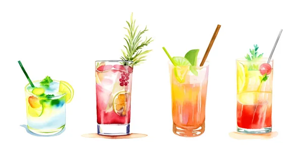 Set Aquarell Cocktails Vorhanden Vereinzelte Gläser Mit Alkoholgetränken Auf Weißem — Stockvektor