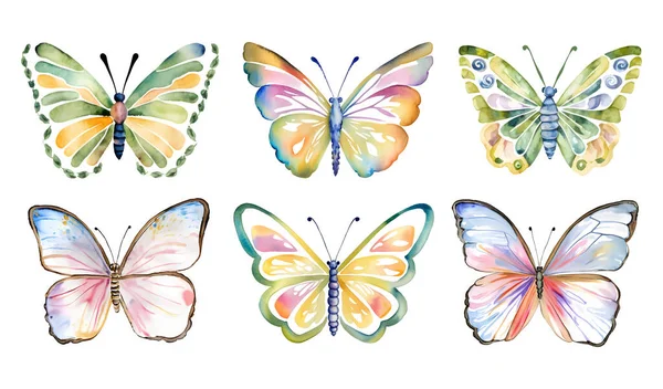 Set Colorido Dibujado Mano Vectorial Con Mariposas Acuarela Pastel Sobre — Vector de stock