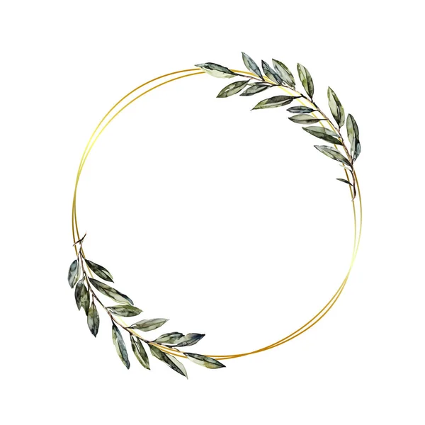 橄榄枝的圆形花环 橄榄叶在一个圆形的金框里 矢量图解 矢量说明 — 图库矢量图片