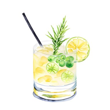 Yapraklı ve limonlu suluboya bardak limon suyu, kokteyl. Vektör illüstrasyonu