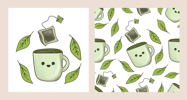 Morning Greeting Cute Character Kawaii Cup Tea Bag Good Morning — Stock Vector