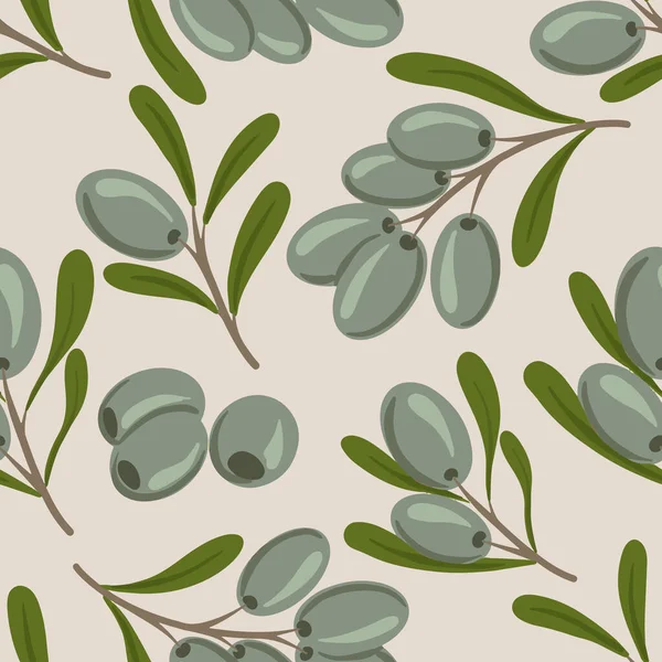 Oliven Nahtlose Muster Hintergrund Vektorolivenzweige Auf Beige Vektorillustration — Stockvektor