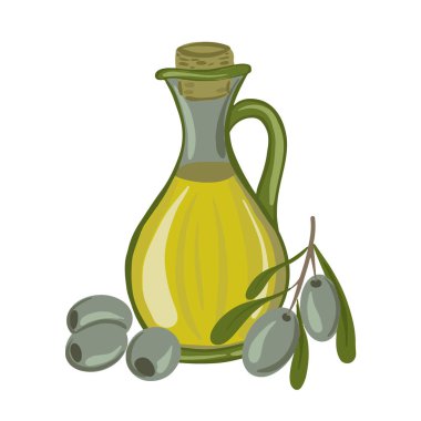 Bir şişe zeytinyağının vektör çizimi, yeşil zeytin dalı. Vektör illüstrasyonu