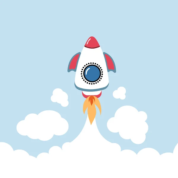 漫画風宇宙船ロケット おもちゃのロケットが上昇し 煙が噴き出す スタートアップ スペース ビジネスコンセプト ベクターイラスト — ストックベクタ