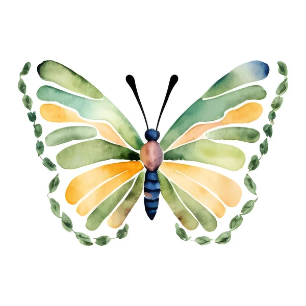 Papillon Magique Couleur Verte Vecteur Aquarelle Isolé Sur Blanc Illustration — Image vectorielle