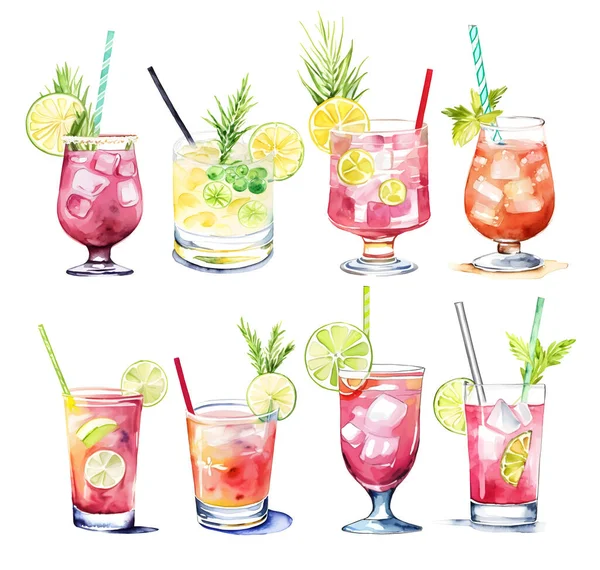 Watercolor Exotic Drink Alcohol Cocktail Set Isolated Vector Vector Illustration — Stock Vector