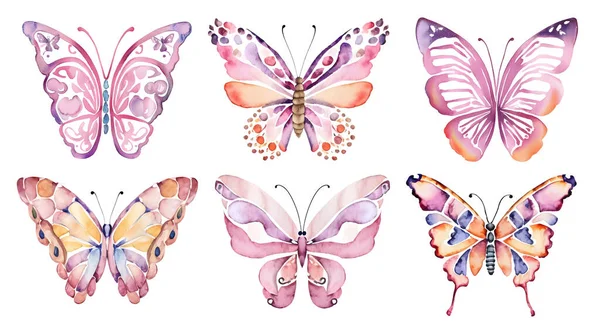 Akvarell Színes Pillangók Elszigetelt Fehér Háttér Rózsaszín Sárga Pillangó Tavaszi — Stock Vector