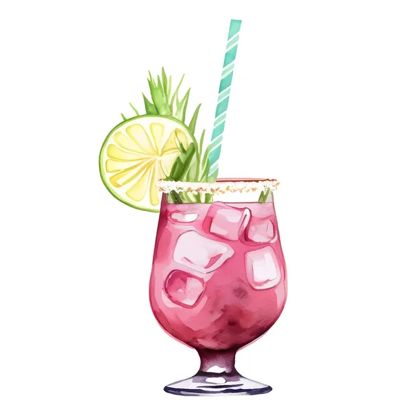 Kesällä Värikäs Akvarelli Cocktail Sitruunalla Jäällä Oljilla Vektoriesimerkki — vektorikuva