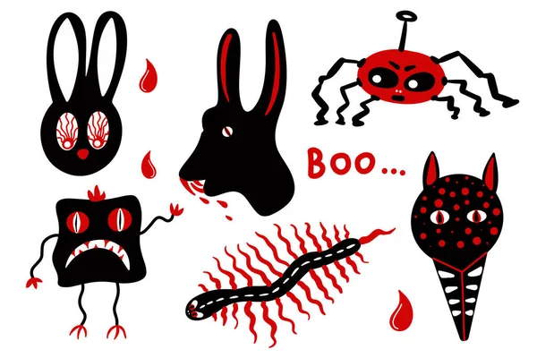 Set Horror Schwarz Rote Monster Schriftzug Buo Sammlung Tier Gruseldruck — Stockvektor