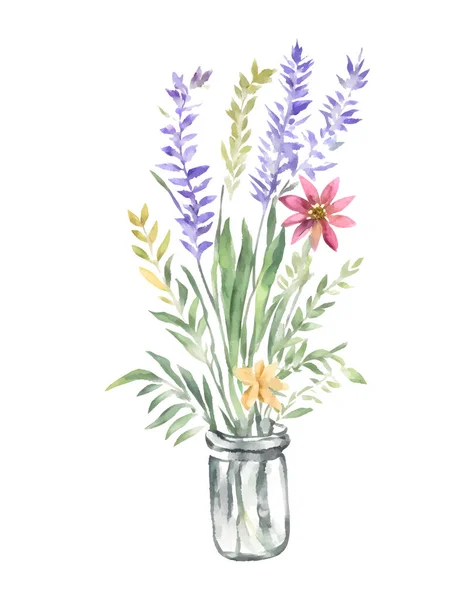 Akvarell Blommor Bukett Vacker Glasvas Vektor Vektorillustration — Stock vektor