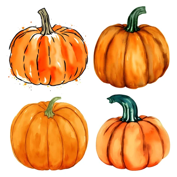 Set Dovleci Portocalii Acuarelă Izolați Alb Decor Pentru Halloween Ilustrație — Vector de stoc