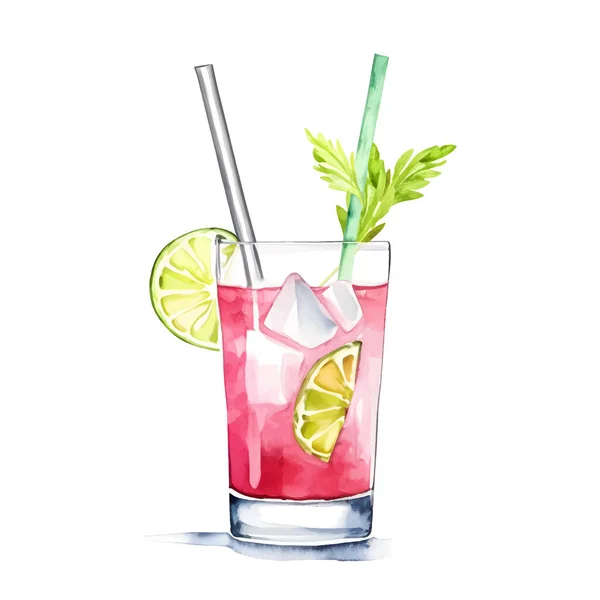 Υδατογραφία Καλοκαιρινό Ποτό Αλκοόλ Κοκτέιλ Λεμόνι Πάγο Και Μέντα Χέρι — Διανυσματικό Αρχείο