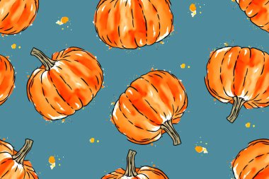 Mavi arka planda suluboya balkabakları olan kusursuz sonbahar deseni. Vektör illüstrasyonu