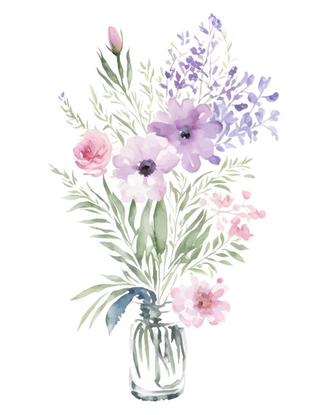 Cam Şeffaf Vazoda Kır Çiçekleri Buketi Beyaz Vazoda Izole Edilmiş — Stok Vektör
