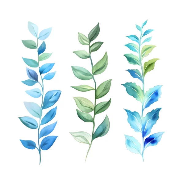 Akvarel Květinové Sady Zelených Modrých Listů Zeleň Větve Větvičky Vyjmout — Stockový vektor