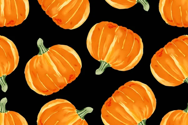 Aquarell Nahtlose Muster Orange Kürbisse Auf Schwarzem Hintergrund Vektor Vektorillustration — Stockvektor