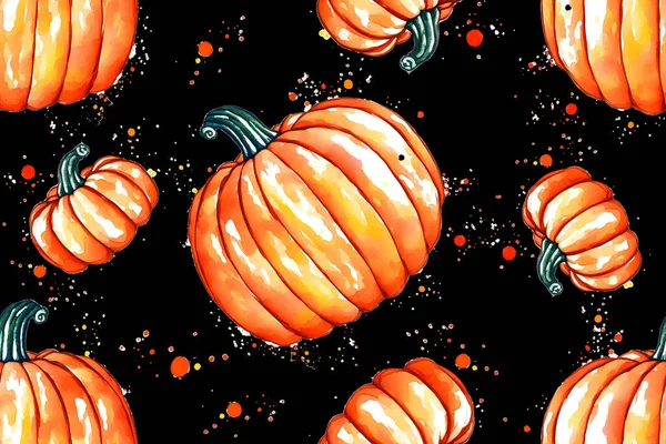 Pumpkins Black Background Vector Watercolor Seamless Watercolor Pattern Fabric Textile — Stock Vector