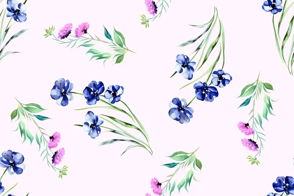 Florales Nahtloses Muster Mit Zarten Blauen Und Rosa Blüten Pflanzen — Stockvektor