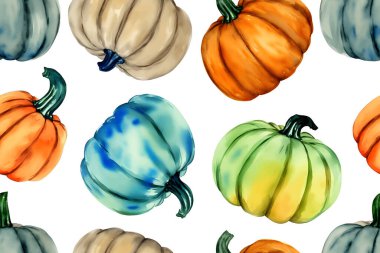 Suluboya olgun balkabağı desensiz vektör çizimi, kusursuz desenli arka plan. Vektör illüstrasyonu