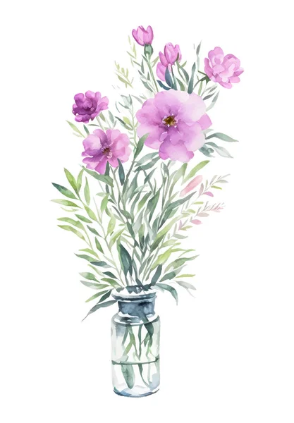 Bouquet Aquarelle Fleurs Sauvages Dans Joli Vase Verre Transparent Vecteur — Image vectorielle