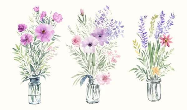 Conjunto Buquê Flores Silvestres Vaso Transparente Vidro Flores Vetoriais Isoladas —  Vetores de Stock