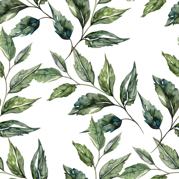 Akvarell Hagy Ágak Zökkenőmentes Minta Friss Zöld Botanikai Illusztráció Nyári — Stock Vector