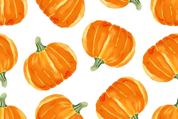 Nahtloses Aquarellmuster Mit Orangefarbenen Kürbissen Auf Weißem Hintergrund Vektorillustration — Stockvektor