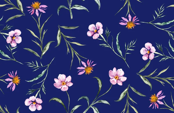Rózsaszín Virágok Zöld Levelek Zökkenőmentes Minta Kék Háttér Vektorillusztráció — Stock Vector