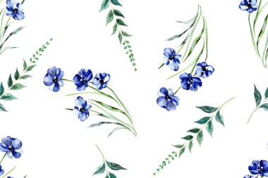 Çiçeksiz desenli, elle çizilmiş suluboya bitkiler ve çiçekler. Stok çizimi. Vektör illüstrasyonu