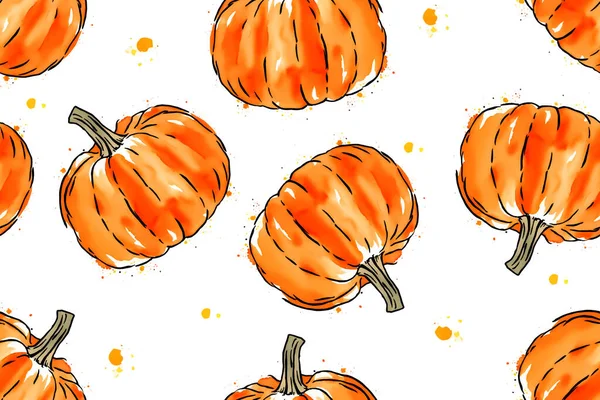 Watercolor Orange Pumpkins Seamless Pattern Background Isolated White Autumn Watercolor — Stock Vector