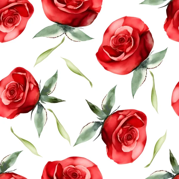 Watercolor Hand Painted Seamless Floral Pattern Red Roses Vector Illustration — Stock Vector