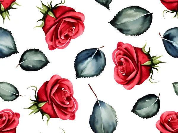 赤いバラでシームレスな花のパターンを描いた水彩手 ベクターイラスト — ストックベクタ