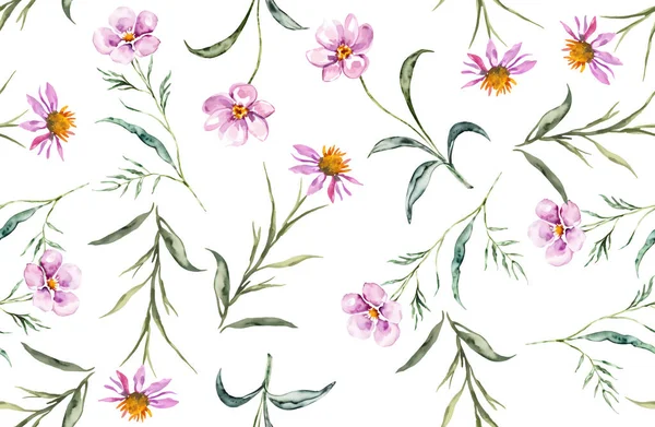 野の花 葉とかわいいシームレスなパターン ヴィンテージの背景 水彩のための創造的な幼稚なテクスチャ ベクトルイラスト ベクターイラスト — ストックベクタ