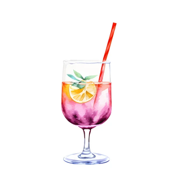 Glass Pink Cocktail Mint Fresh Lemon Hand Drawn Watercolor Vector — Stock Vector