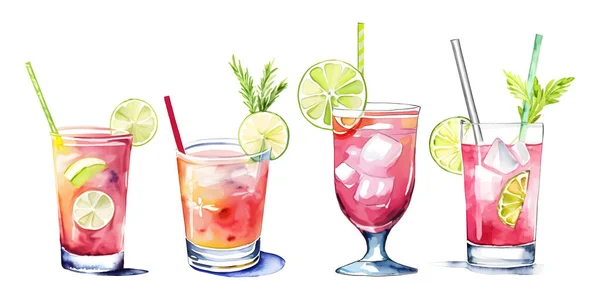 Acquerello Illustrazione Set Bevande Estive Cocktail Raccolta Sfondo Bianco Illustrazione — Vettoriale Stock