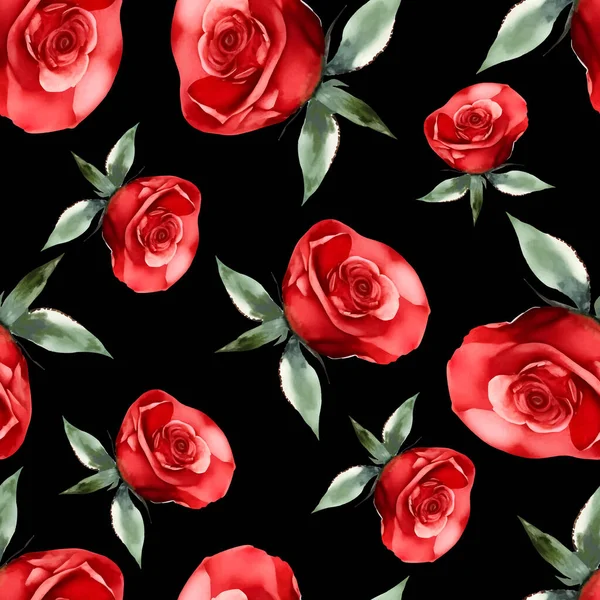 シームレスなパターンは黒の背景 ベクトルに赤い水彩のバラを印刷します ベクターイラスト — ストックベクタ