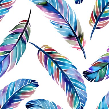 Suluboya tüyleri mavi ve pembe renksiz desen izi beyaz vektörde izole edilmiş. Vektör illüstrasyonu