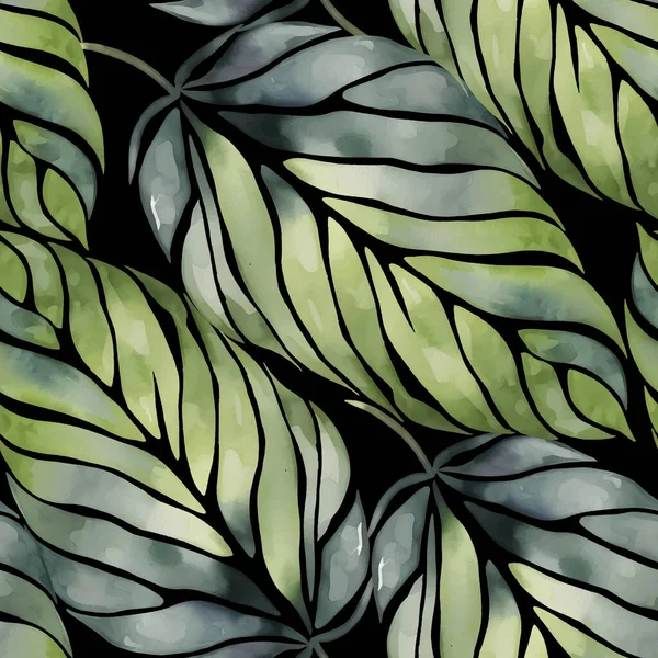Groene Tropische Bladeren Geïsoleerd Zwarte Achtergrond Vector Naadloos Patroon Vectorillustratie — Stockvector