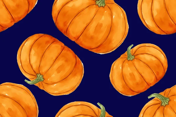 Acquerello Zucche Arancioni Senza Soluzione Continuità Modello Vettore Autunno Stagione — Vettoriale Stock