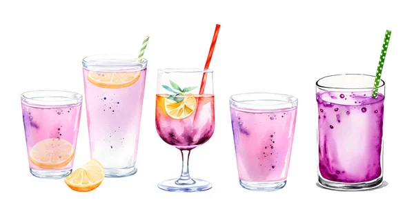 Set Watercolor Pink Summer Drinks Glasses Cocktails Straw Bubbles Lemon — Stock Vector