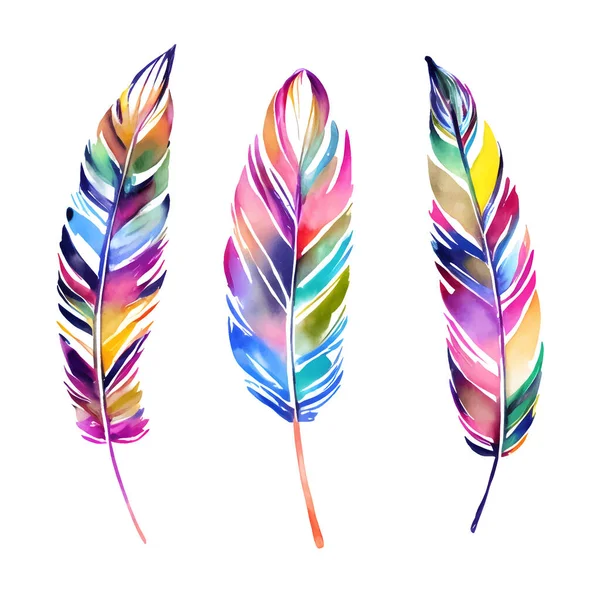 Watercolor Colorful Rainbow Feather Isolated Set Vector Illustration — Stock Vector