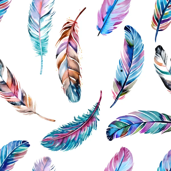 水彩羽シームレスパターン 白い上に隔離カラフルな鳥の羽 ベクターイラスト — ストックベクタ