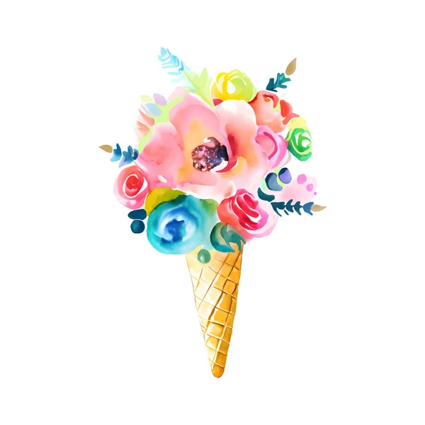 Waffle Külahında Suluboya Çiçek Buketi Mavi Pembe Güllerle Boyaması Dondurma — Stok Vektör