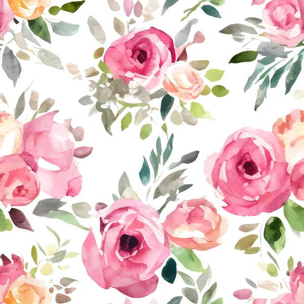 Nahtloses Muster Vintage Rosa Rosen Auf Weißem Hintergrund Vektor Aquarelldruck — Stockvektor